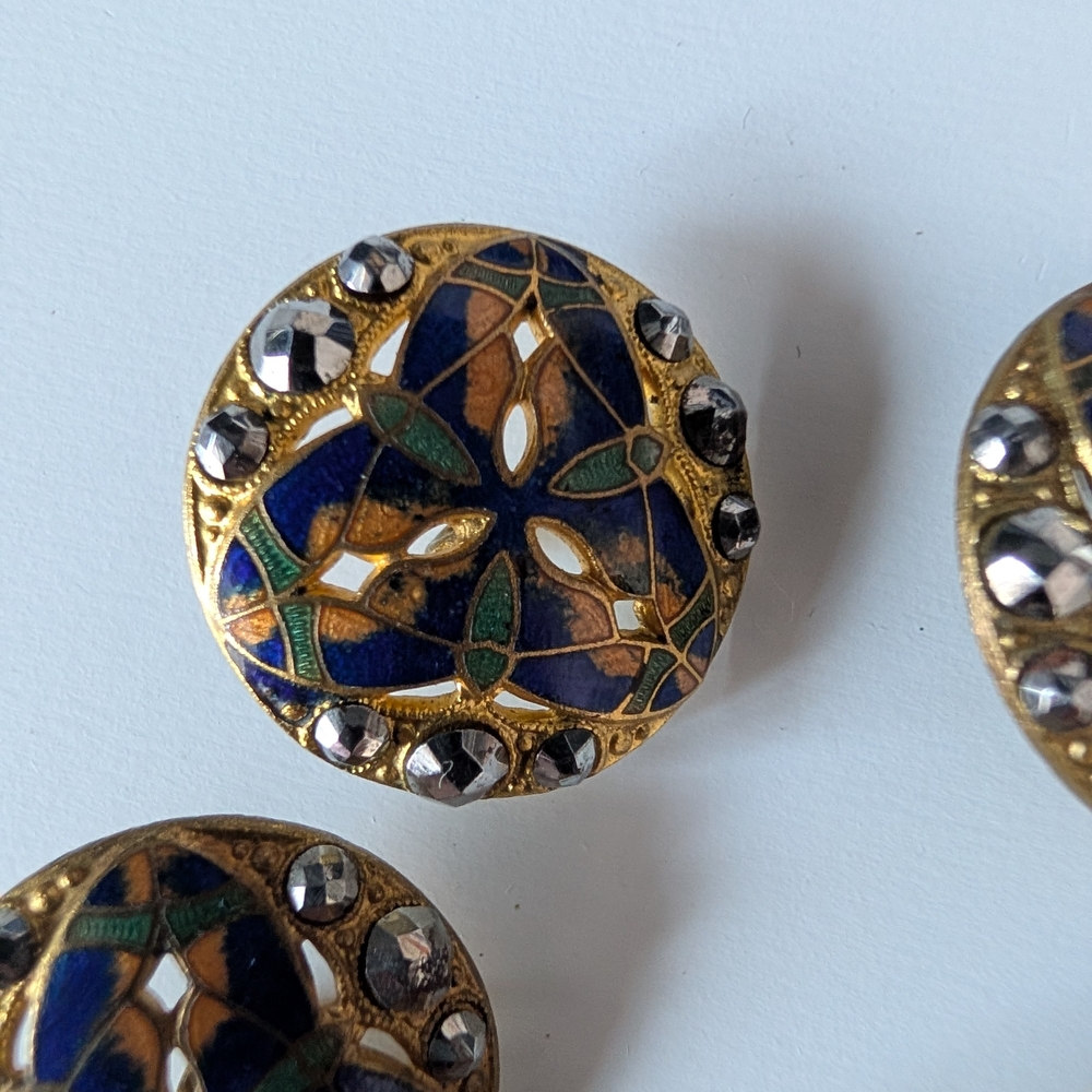 Antique French Cloisonne Reticulated Brass Buttons - Picture 5 of 7